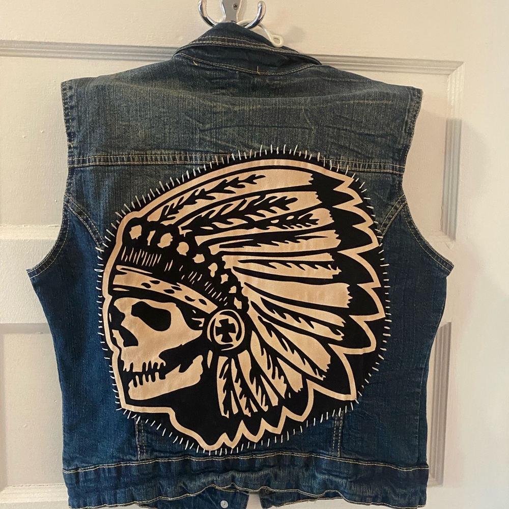 Denim Vest with Skull and Feather Design